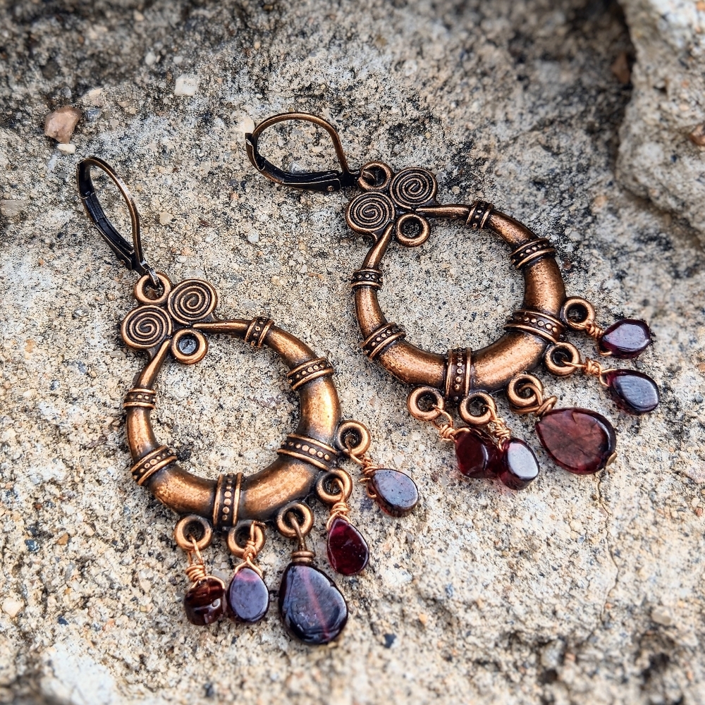 Handcrafted Rustic Natural Garnet Drops In Warrior Copper Regal Earrings